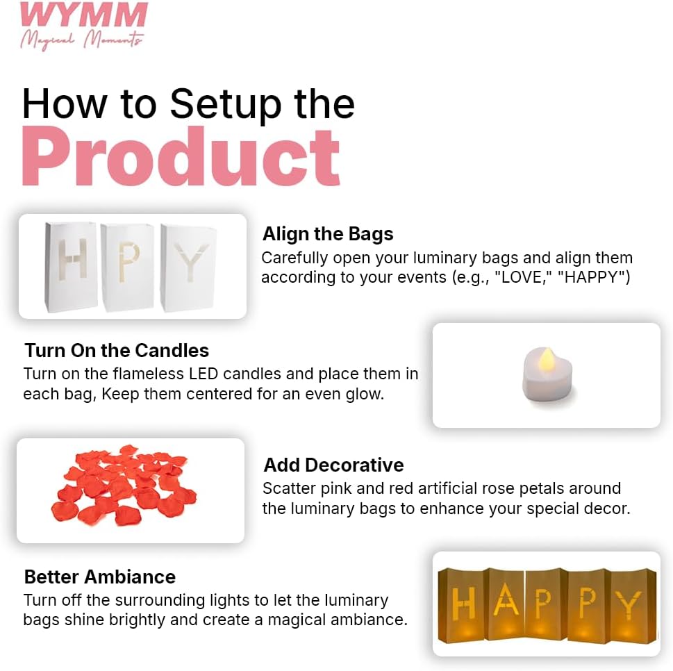 Just Married Light up Letters with Tea Lights Candles and Rose Petals Included - Luminary Paper Bags to be Used as Just Married Banner and Just Married Decorations for Your Loved One