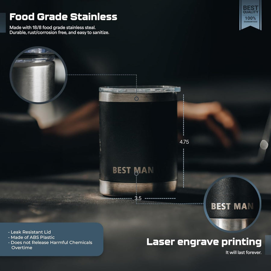 10oz Stainless Steel Tumblers with Lids - Set of 3 Engraved Groom, Best Man, Groomsman - Hot or Cold Drinks - Dishwasher Safe