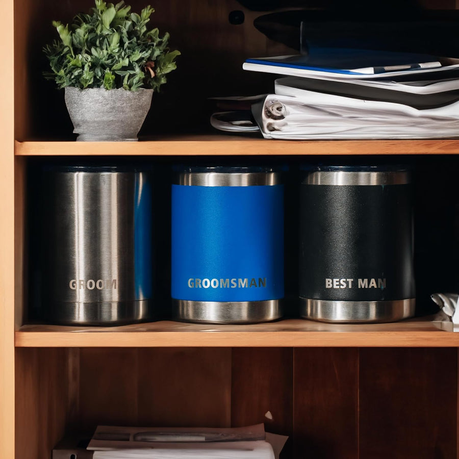 10oz Stainless Steel Tumblers with Lids - Set of 3 Engraved Groom, Best Man, Groomsman - Hot or Cold Drinks - Dishwasher Safe