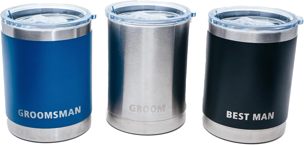 10oz Stainless Steel Tumblers with Lids - Set of 3 Engraved Groom, Best Man, Groomsman - Hot or Cold Drinks - Dishwasher Safe