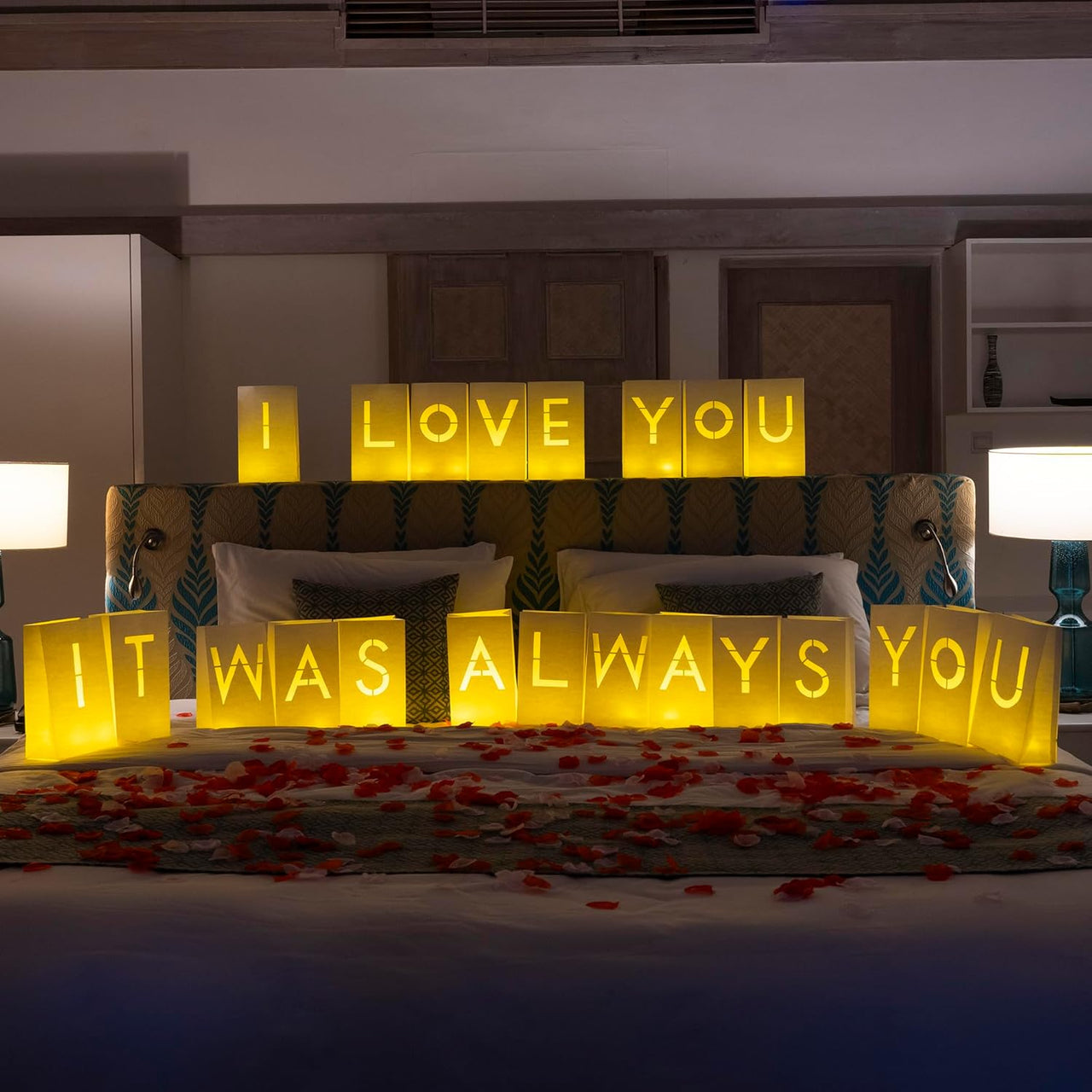 "It was Always You" Light Up Letters with Tea Lights Candles and Rose Petals Included - Luminary Paper Bags to be Used as Anniversary Decorations and Proposal Decorations for Your Loved One