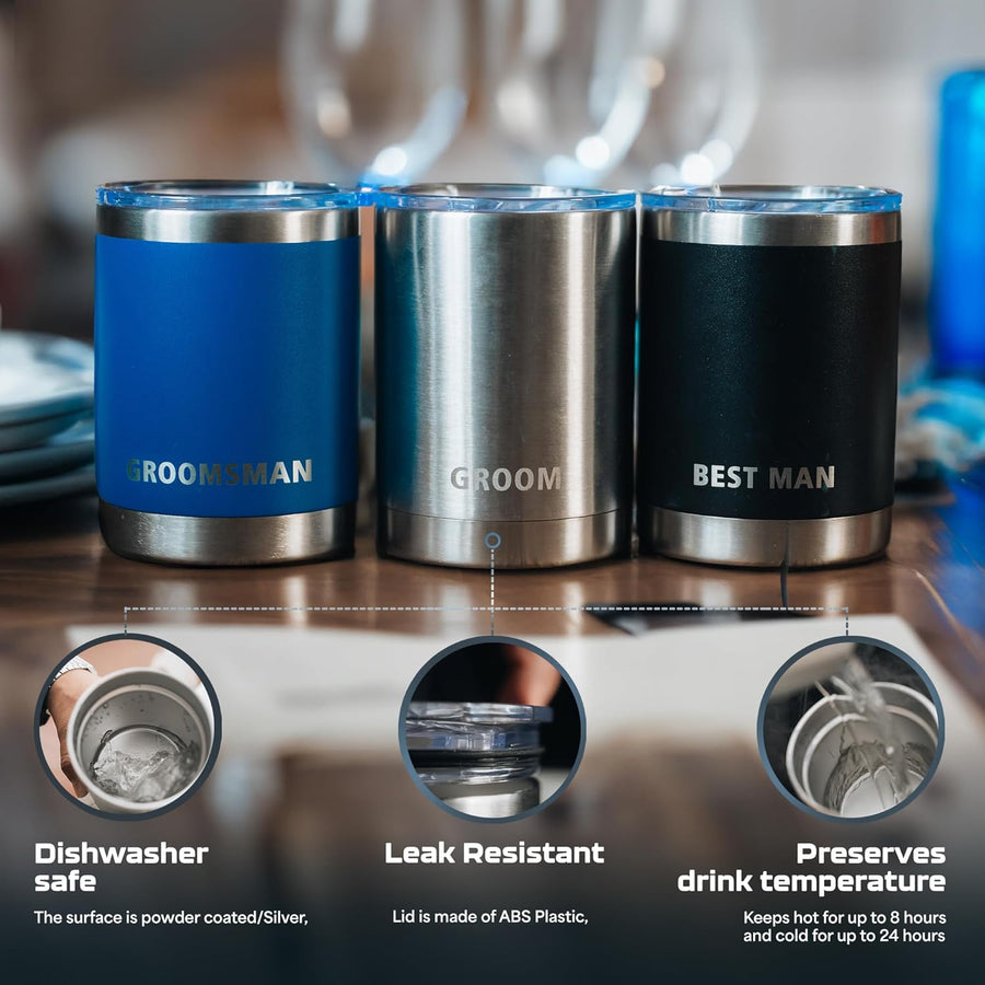 10oz Stainless Steel Tumblers with Lids - Set of 3 Engraved Groom, Best Man, Groomsman - Hot or Cold Drinks - Dishwasher Safe