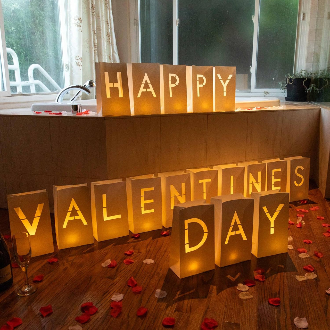 “Happy Valentine's Day” Light up Letters with Tea Lights Candles and Rose Petals Included - Luminary Paper Bags to be Used as Valentines Day Decorations for Your Loved One