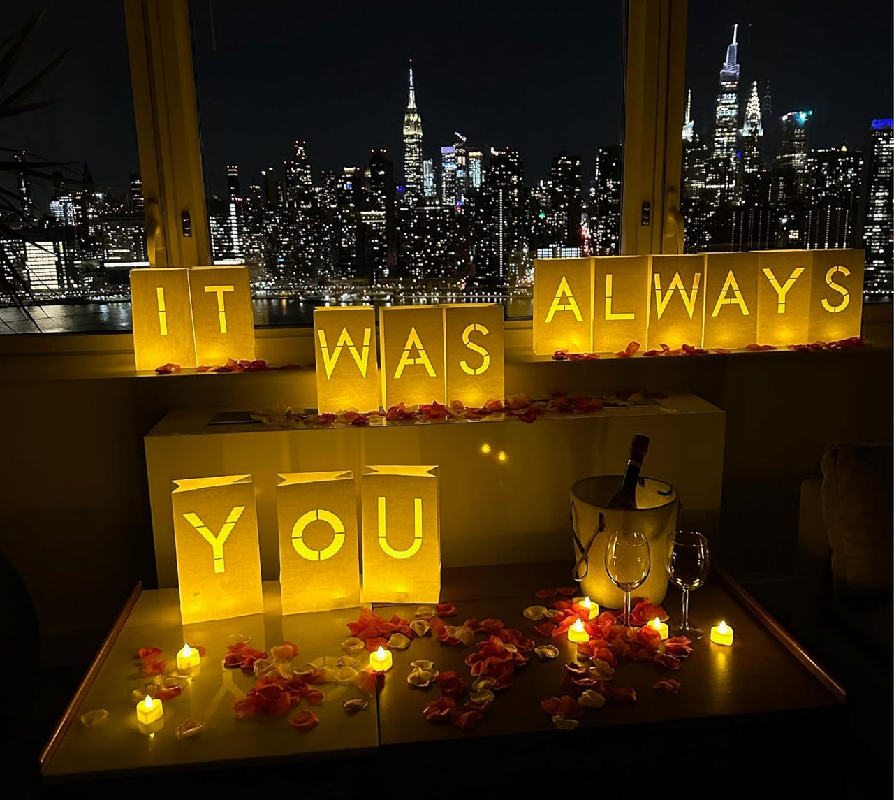 "It was Always You" Light Up Letters with Tea Lights Candles and Rose Petals Included - Luminary Paper Bags to be Used as Anniversary Decorations and Proposal Decorations for Your Loved One