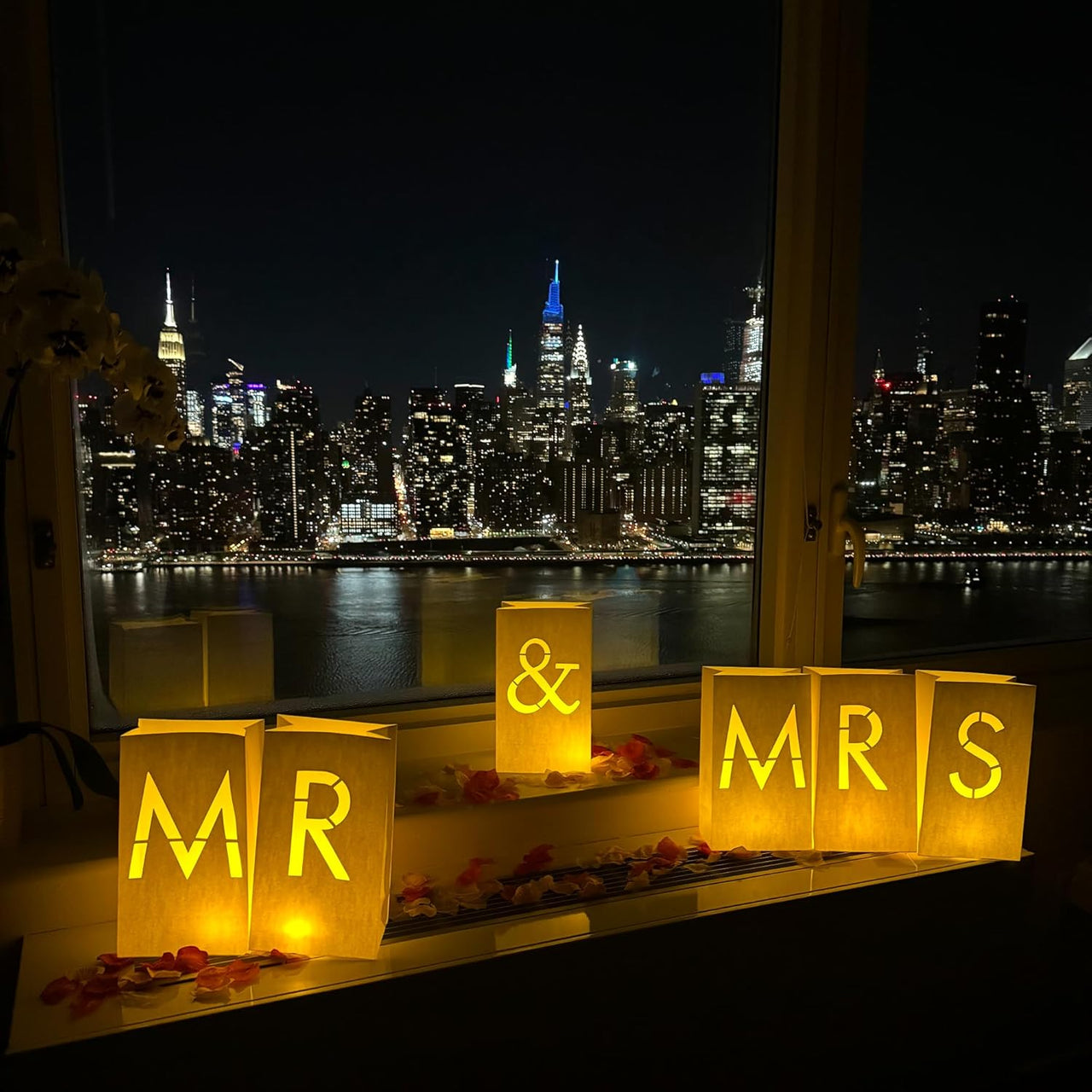 “MR & MRS” Light up Letters with Tealight Candles and Rose Petals Included. Luminary Paper Bags to be Used as Wedding Decorations for Reception or as Newlywed Gift for The Honeymoon Suite