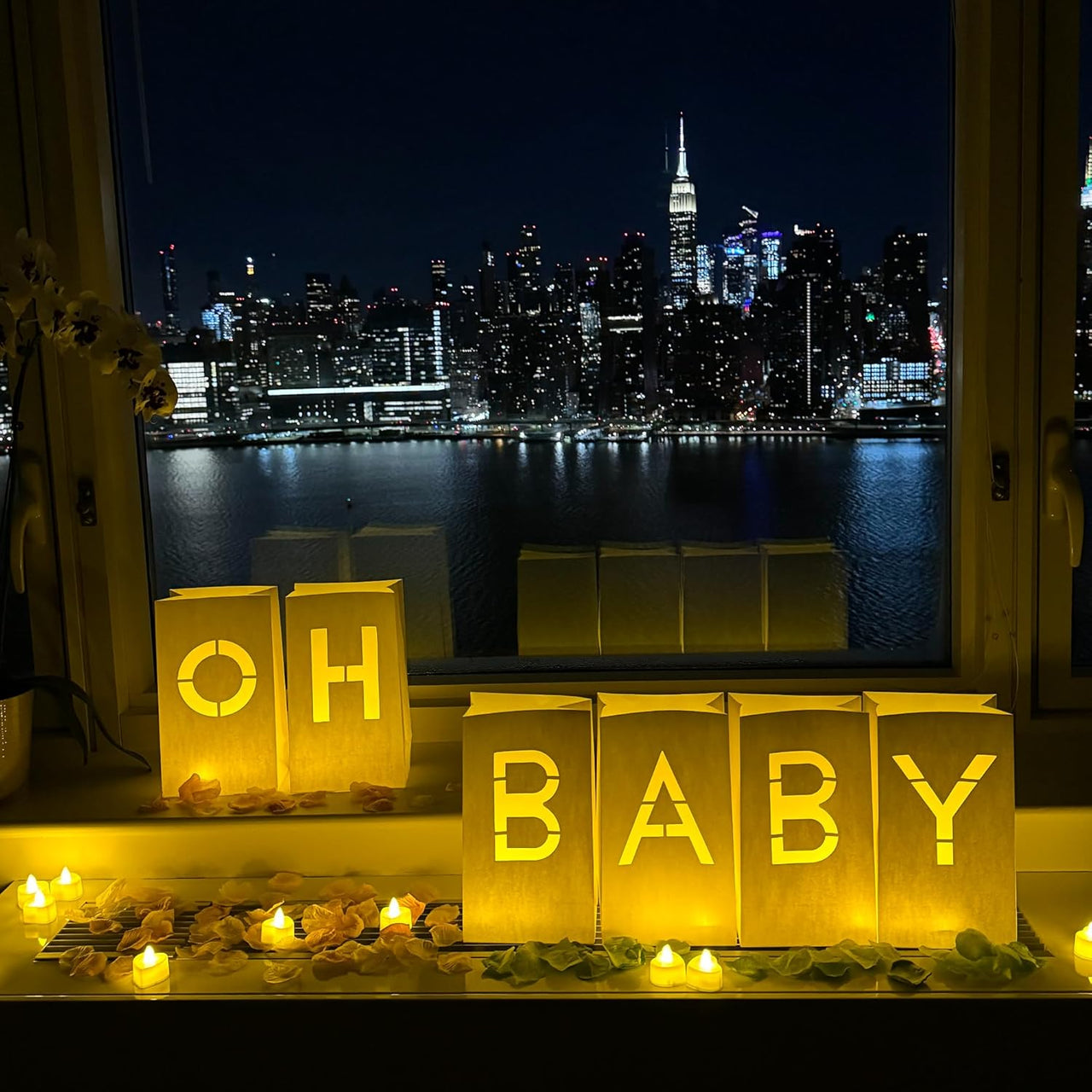 “OH Baby” Light up Letters with Tea Light Candles and Rose Petals Included | Luminary Paper Bags to be Used as Pregnancy Announcement Baby Announcement Baby Reveal Ideas