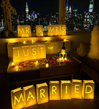 Just Married Light up Letters with Tea Lights Candles and Rose Petals Included - Luminary Paper Bags to be Used as Just Married Banner and Just Married Decorations for Your Loved One