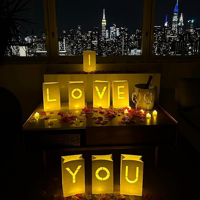 I Love You Light Up Letters with Tea Lights Candles and Rose Petals Included - Luminary Paper Bags to be Used as Anniversary Decorations and Valentines' Day Decorations for Your Loved One