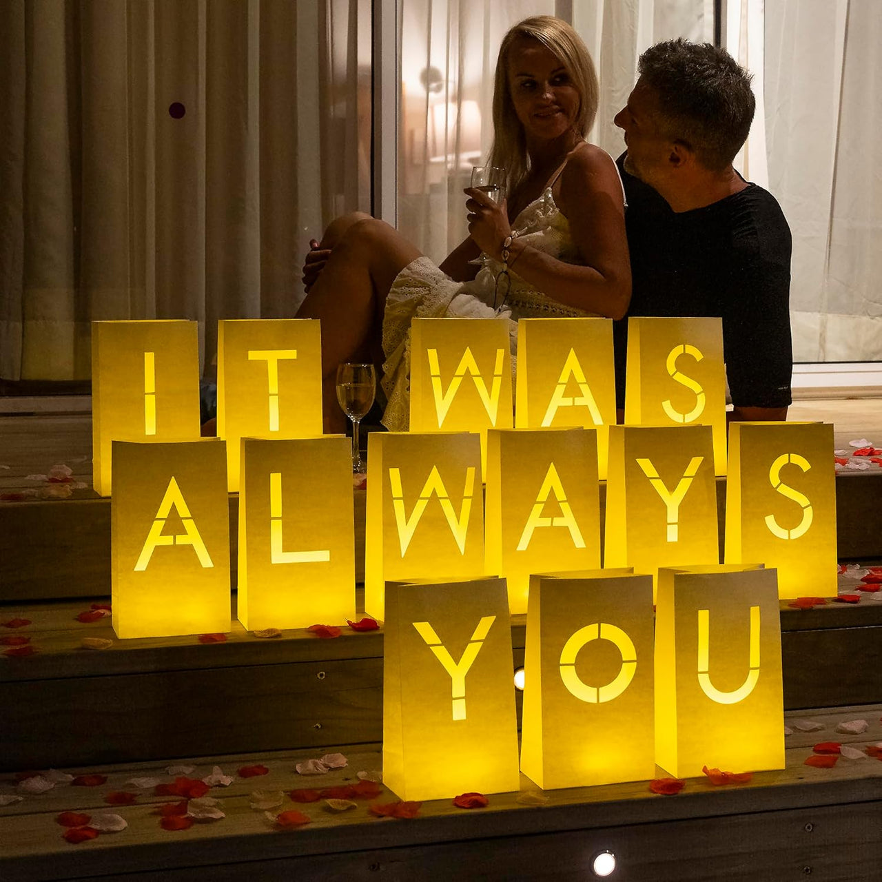 "It was Always You" Light Up Letters with Tea Lights Candles and Rose Petals Included - Luminary Paper Bags to be Used as Anniversary Decorations and Proposal Decorations for Your Loved One